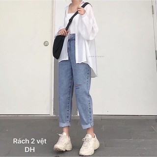 Quần jean baggy nữ cạp cao rách lệch đùi - CM Shop