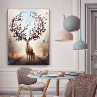 Tranh treo tường Canvas trang trí hươu sắc màu 60x90cm ( kèm theo khung )