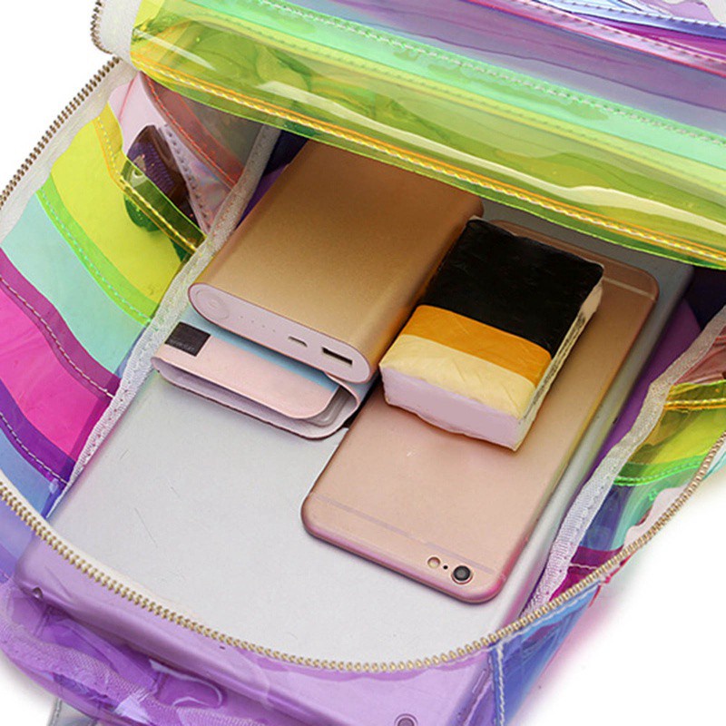 oksyevRainbow Stripe Laser Backpack PVC Transparent Contrasting Color Casual Large Capacity Unicorn Female Bag-Color Bar