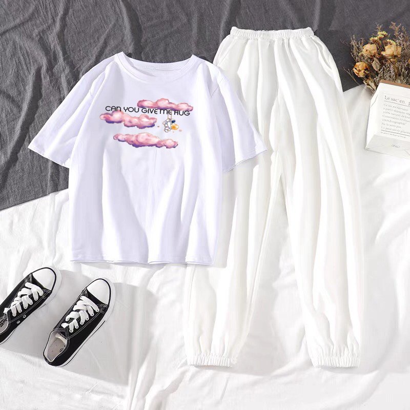 Sét Áo Mây hồng + quần bom chun, Áo thun from rộng, Chất đẹp không xù, quần suông ống rộng, Sét bộ mặc ở nhà - MODY