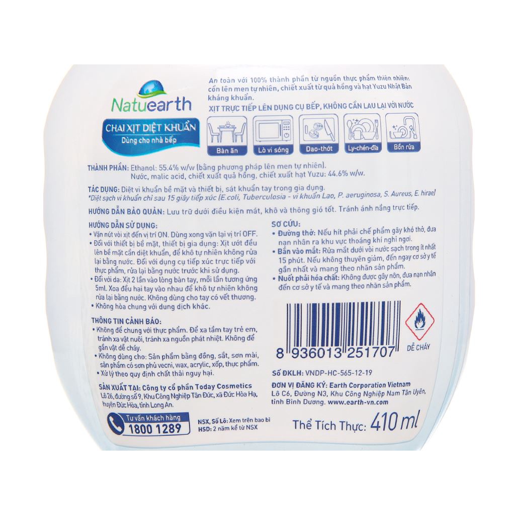 Chai Xịt Diệt Khuẩn Dùng Cho Nhà Bếp Natuearth 410ml Chiết Xuất 100% Từ Thực Vật Thiên Nhiên Khử Khuẩn Chất Lượng Nhật