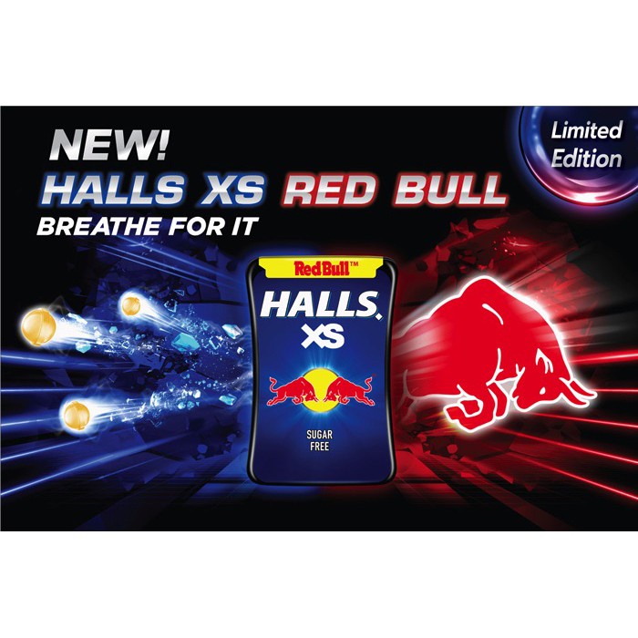 Một hộp kẹo viên ngậm không đuờng Halls Vị Redbull tăng lực Thái Lan