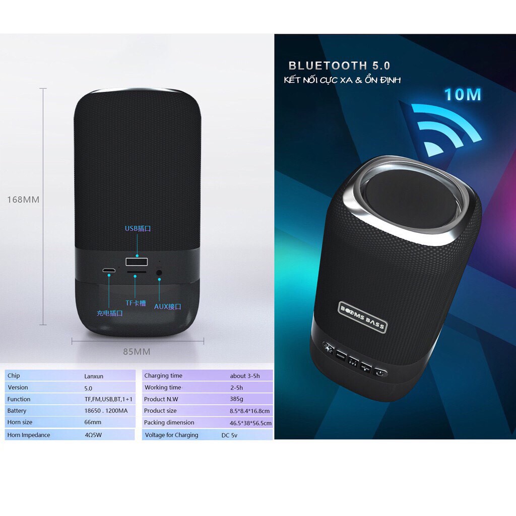Loa Bluetooth Boombass L22, tích hợp đèn led 7 màu có sạc pin 1200mAH + khe cắm thẻ nhớ