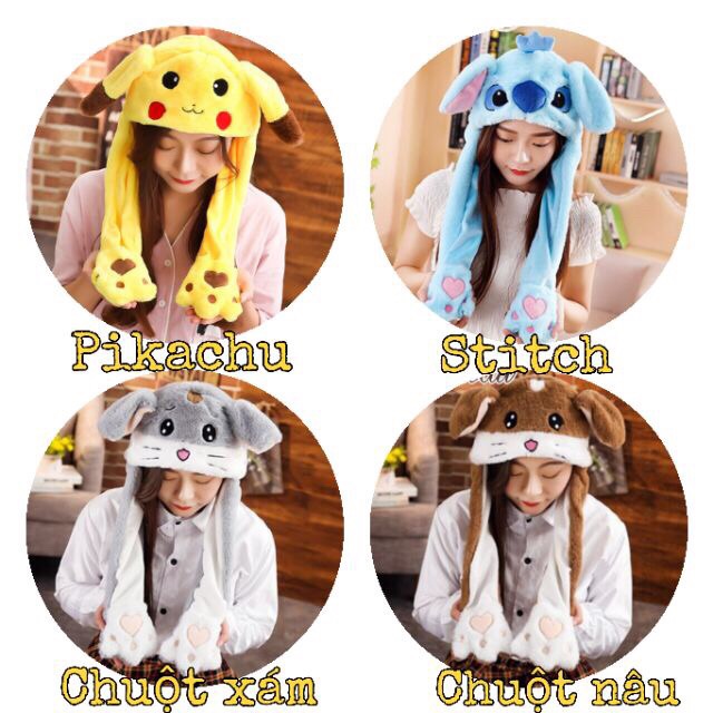 Mũ tai thỏ Giật cử động, Pikachu, Stitch, Chó nâu, Heo Hồng-(CÓ SẴN) Hàng loại 1