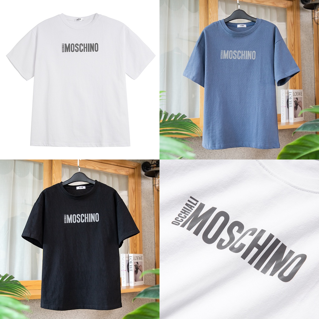 Áo phông nữ tay lỡ freesize, áo thun couple trắng đen Moschino unisex form rộng - Jeanboo