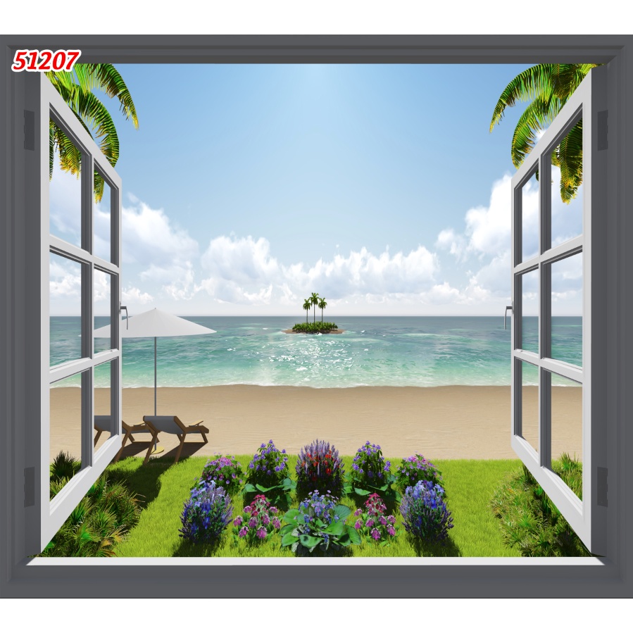 Tranh dán tường 3d cửa sổ thoáng mát tạo cảm giác thoải mái, tự nhiên