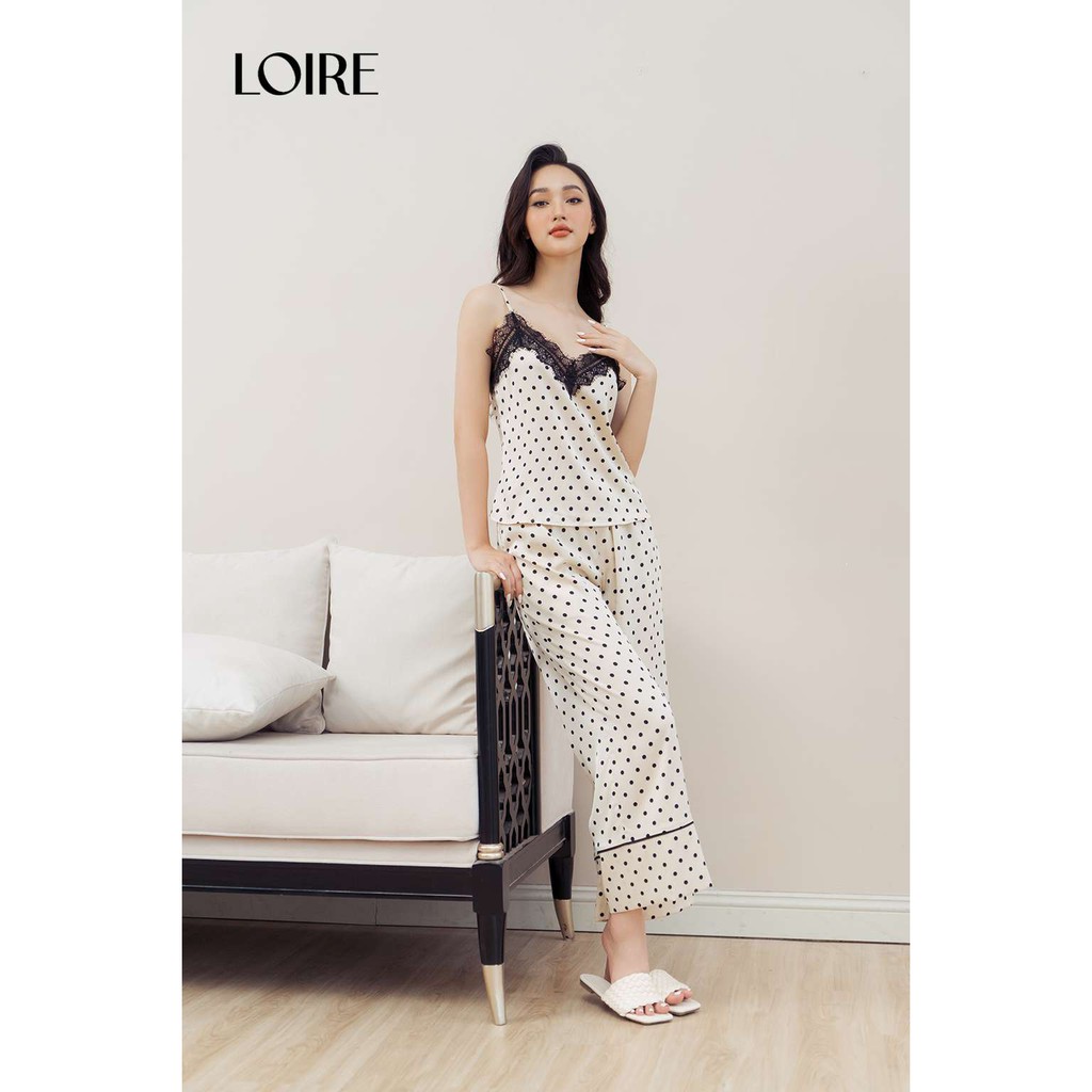 Bộ Đồ Ngủ 3 Item Áo Hai Dây Be Phối Ren Chấm Bi, Quần Cộc và Quần Dài Loirechic BDN06C