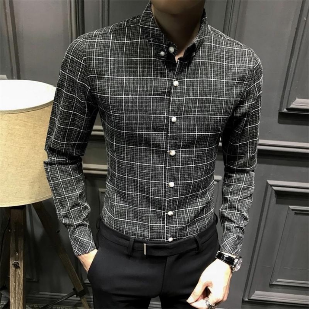 Áo Sơ Mi Nam Dài Tay , Đen Kẻ Caro , Xám Kẻ Caro Kiểu Dáng Ôm , Phom Dáng Hàn Quốc , Slimfit Ôm Body