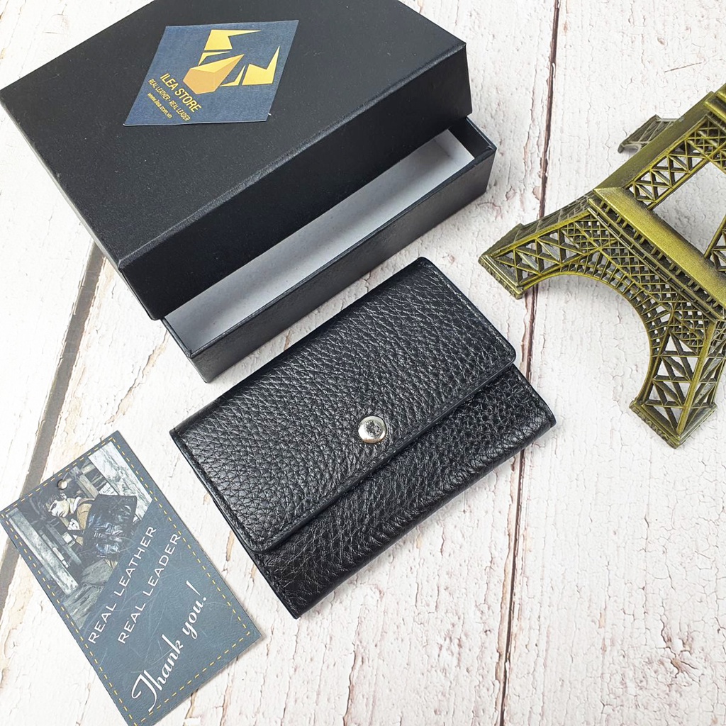 Ví mini nam nữ da bò thật đen mix đỏ MN115VB  - 100% da bò thật, BH 3 năm