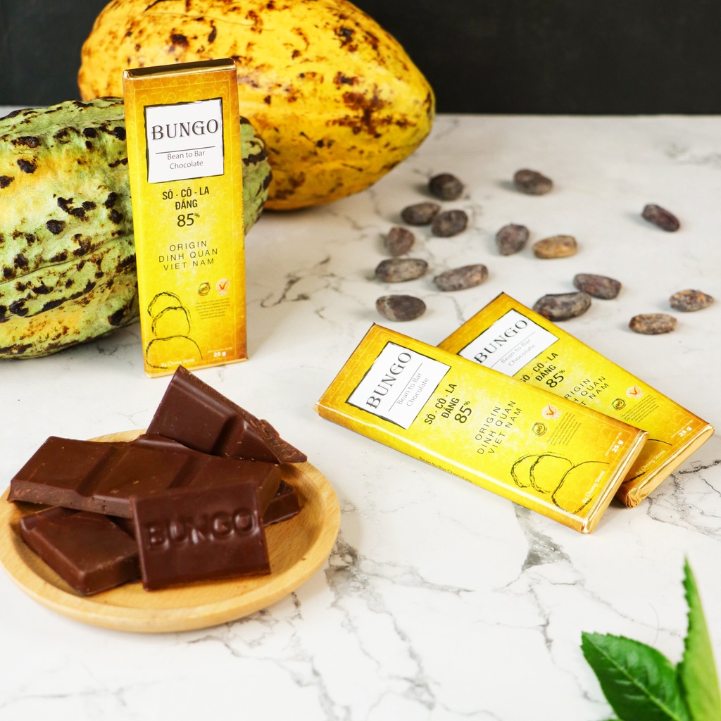 Socola Nguyên Chất Bungo 85% Cacao, Thanh 25g/100g - Thuần Bơ Cacao Tự Nhiên - Từ Hạt Cacao Trinitario Lên Men Thủ Công