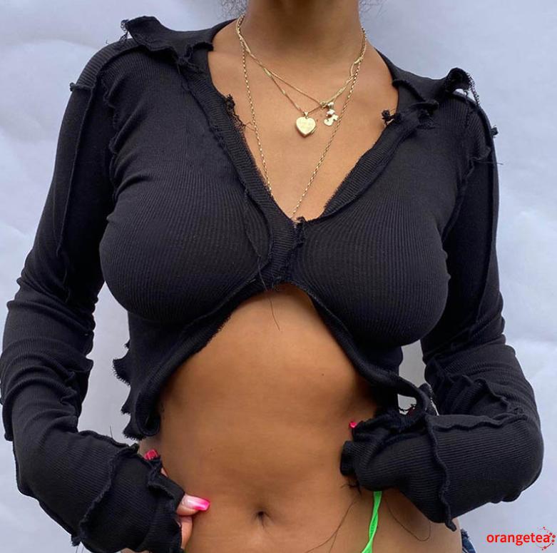 Áo Crop Top Nữ Tay Dài Cổ Chữ V Rách Cá Tính