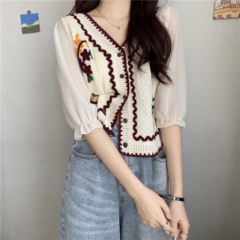 Áo kiểu SUXI tay ngắn cổ chữ V thêu họa tiết hoa xinh xắn phong cách Hàn Quốc thời trang dành cho nữ
