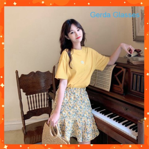 (Hàng QC 4 MÀU) SET CHÂN VÁY HOA NHÍ VINTAGE ĐUÔI BÈO TÍM HỒNG VÀNG ĐEN MIX ÁO THUN DAISY THÊU HOA VÀNG HỒNG TRẮNG ĐEN
