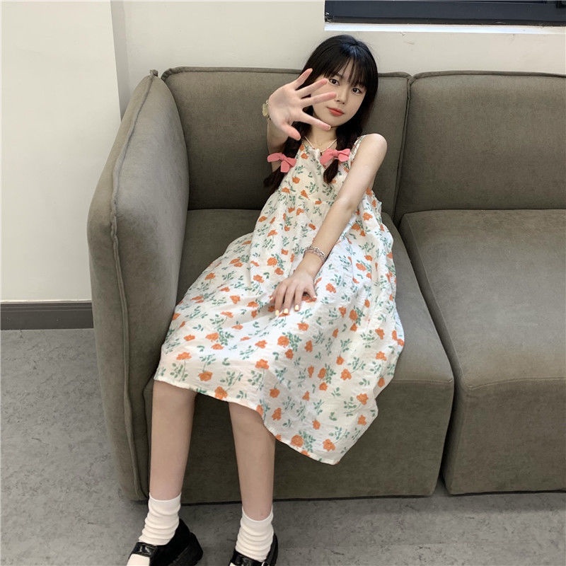 Đầm hai dây dáng rộng họa tiết hoa phong cách Nhật Bản thời trang xinh xắn cho nữ