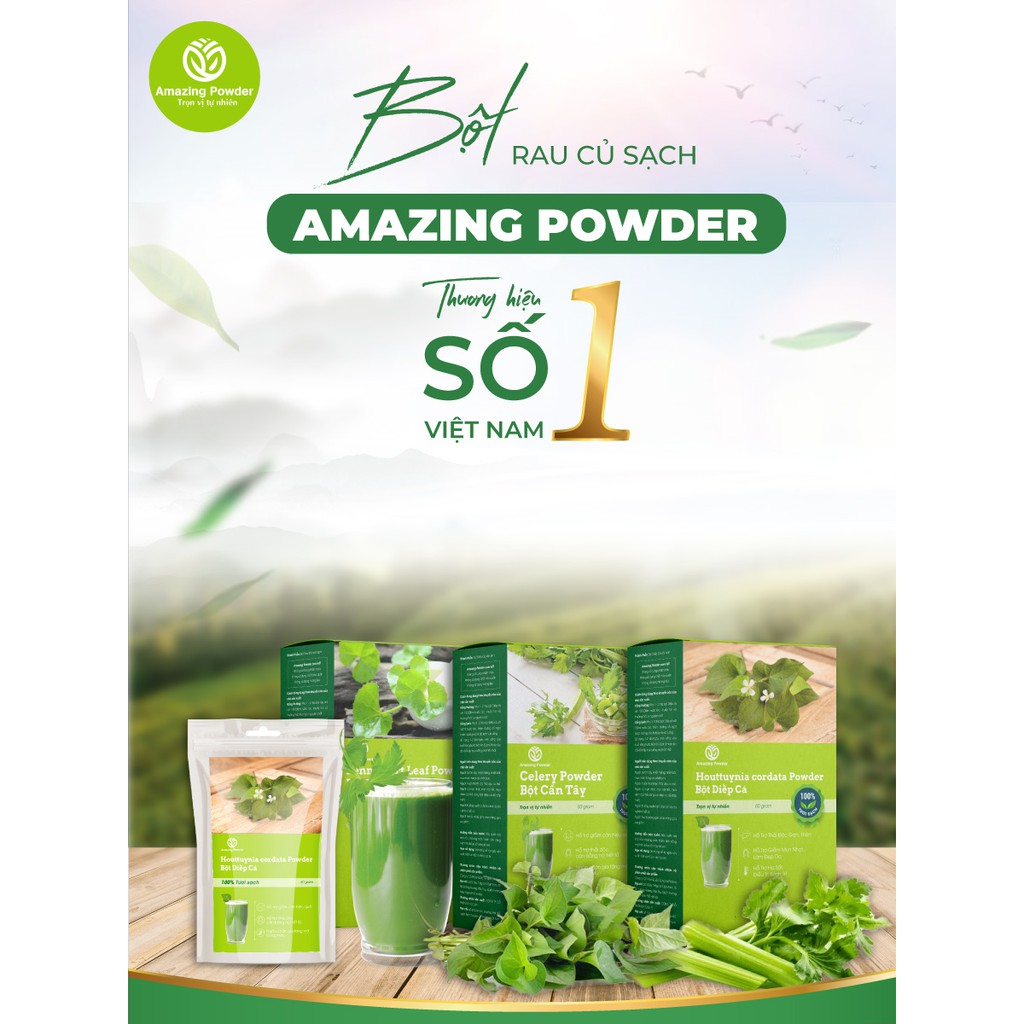 Bột cần tây Amazing Powder - CÓ GIẤY KIỂM NGHIỆM SẢN PHẨM - hỗ trợ giảm cân, đẹp dáng, đẹp da, đào thải độc tố