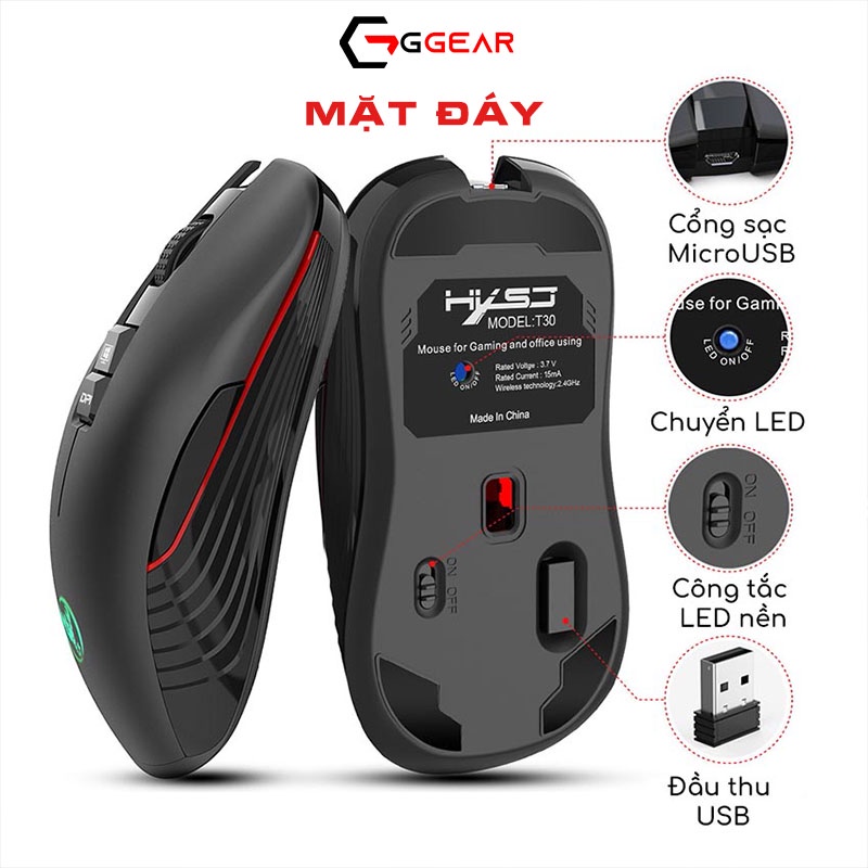 Chuột gaming máy tính không dây GGear GT30 3600 dpi pin sạc 720mAh Type C USB  cho Laptop PC Macbook Smartphone