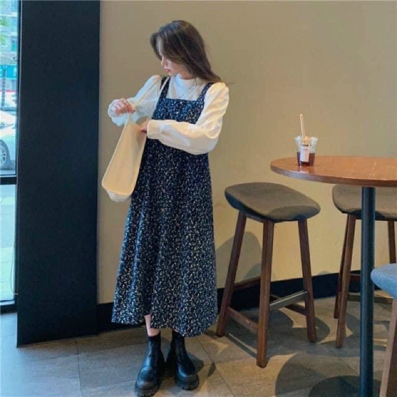 Sét Áo Tay Dài Mix Yếm Hoa Dày Dặn 🦋FREESHIP 🦋Yếm Dáng Dài Kiểu Vintage Siêu Xinhh