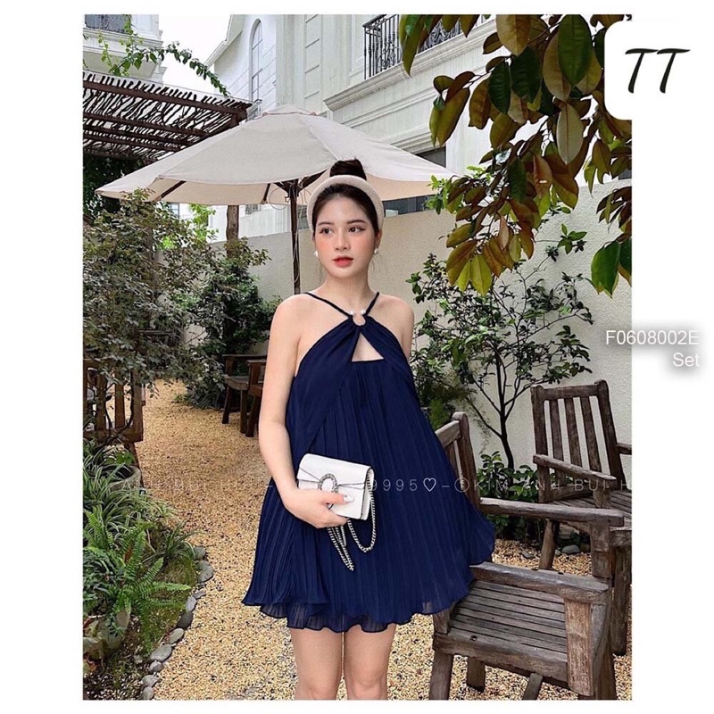 Set dập ly áo dây yếm đắp tà ngực kèm váy TT3007