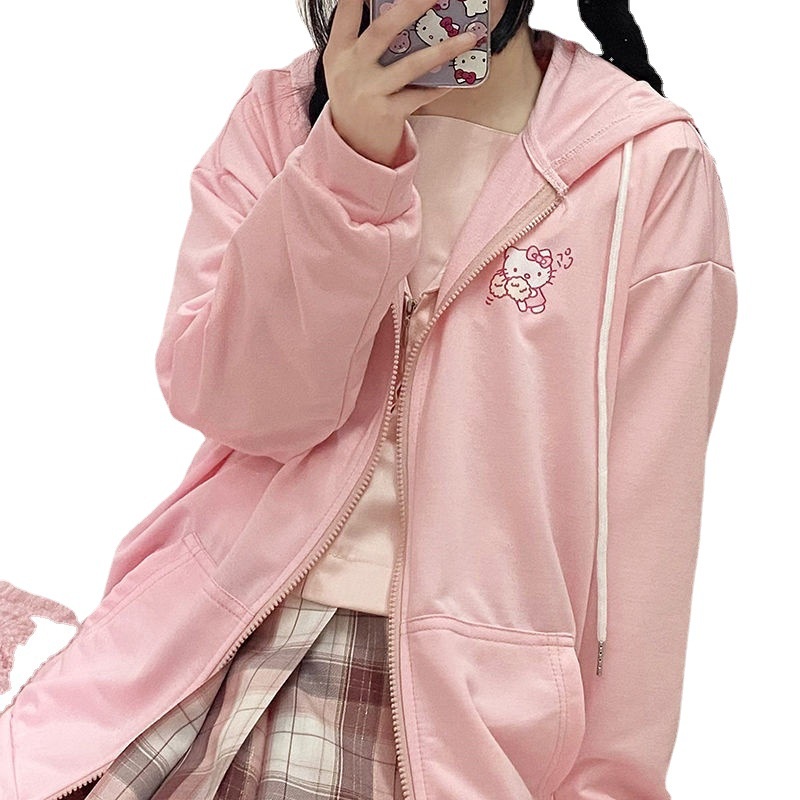 Áo Khoác Hoodie Tay Dài Có Khóa Kéo In Hình Hello Kitty Phong Cách Harajuku Nhật Bản Cho Nữ