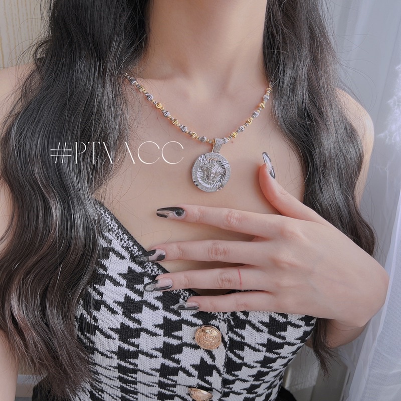 Dây chuyền, vòng cổ bi xi 2 màu trắng vàng phối mặt thương hiệu cá tính .PTNACC.
