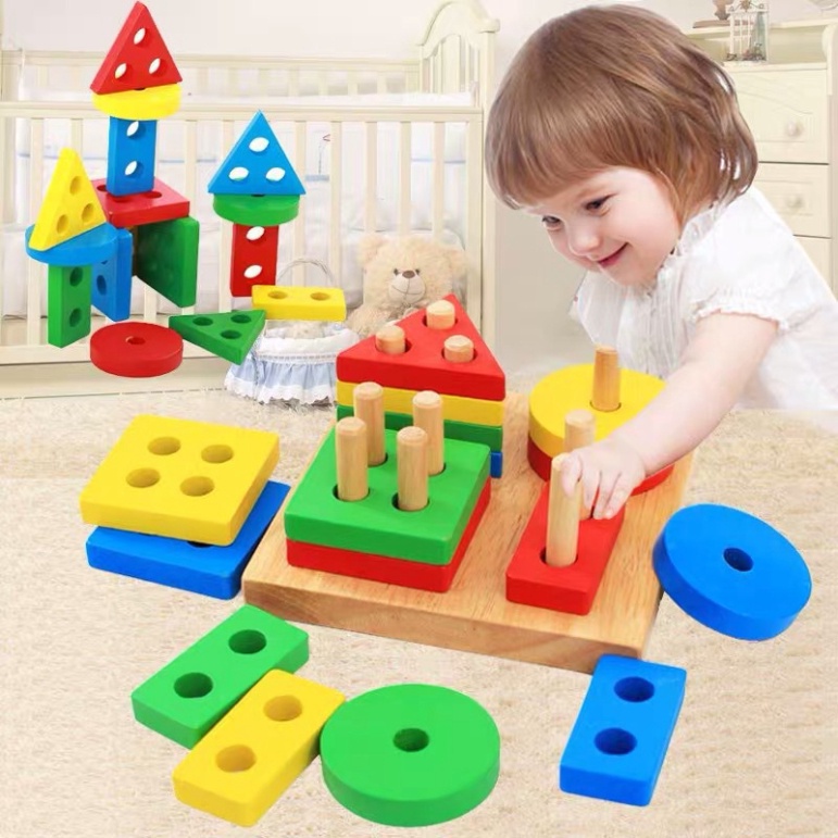 Đồ chơi gỗ Montessori thả hình khối 4 cọc cho bé - Đồ chơi thông minh cho bé, phát triển trí tuệ