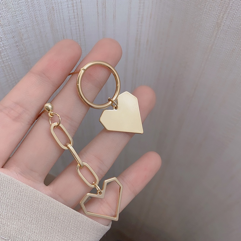 Bông Tai Mạ Bạc 925 Hình Trái Tim Rỗng Không Đối Xứng Phong Cách Hàn Quốc