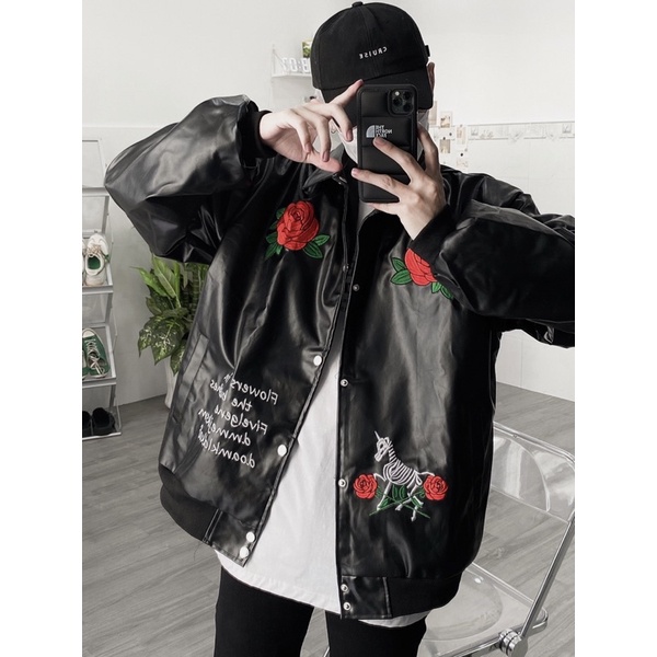ÁO BOMBER FULL DA THÊU HOA HỒNG FORM UNISEX NAM NỮ (kèm ảnh thật)