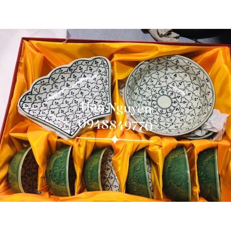 BỘ BÁT ĐĨA HOẠ MẶT TRỜI MẪU ĐỒNG XANH