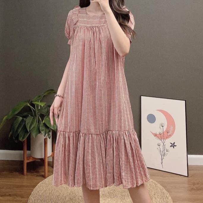 Váy bầu suông Caro nhí cổ tròn phối họa tiết ngực bèo duyên dáng - màu Đen / Đỏ - chất vải thô thoáng mát - DB02 👗 *