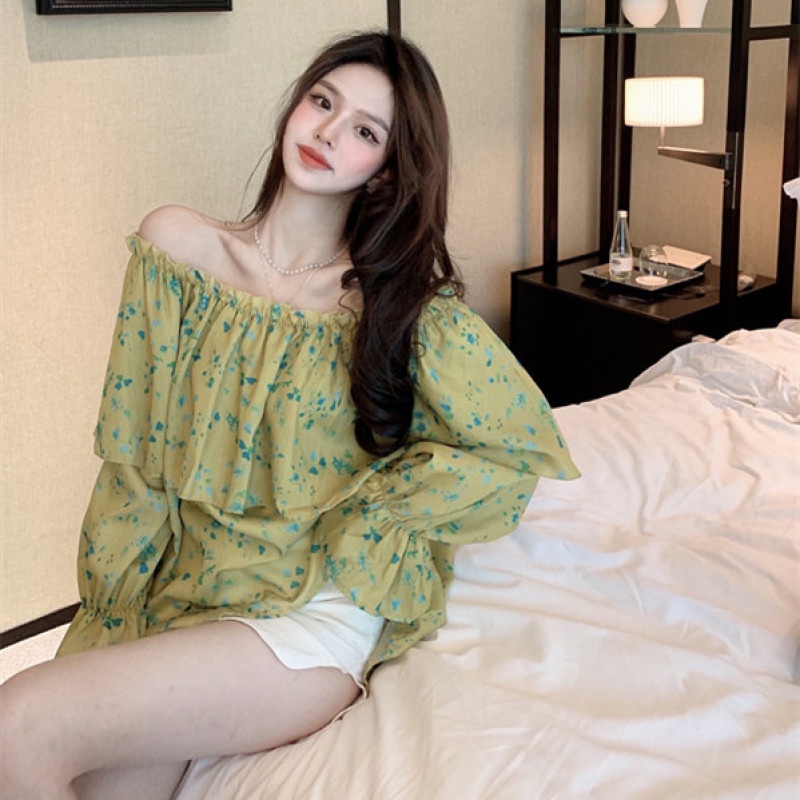 Áo Sơ Mi Hoa Dáng Rộng Trễ Vai Thiết Kế Thanh Lịch Cho Nữ