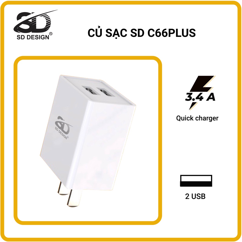 Củ Sạc C66 Plus 2 Cổng sạc Usb chính hãng SD DESIGN hỗ trợ sạc nhanh cho điện thoại Pin Dự Phòng tai nghe bluetooth