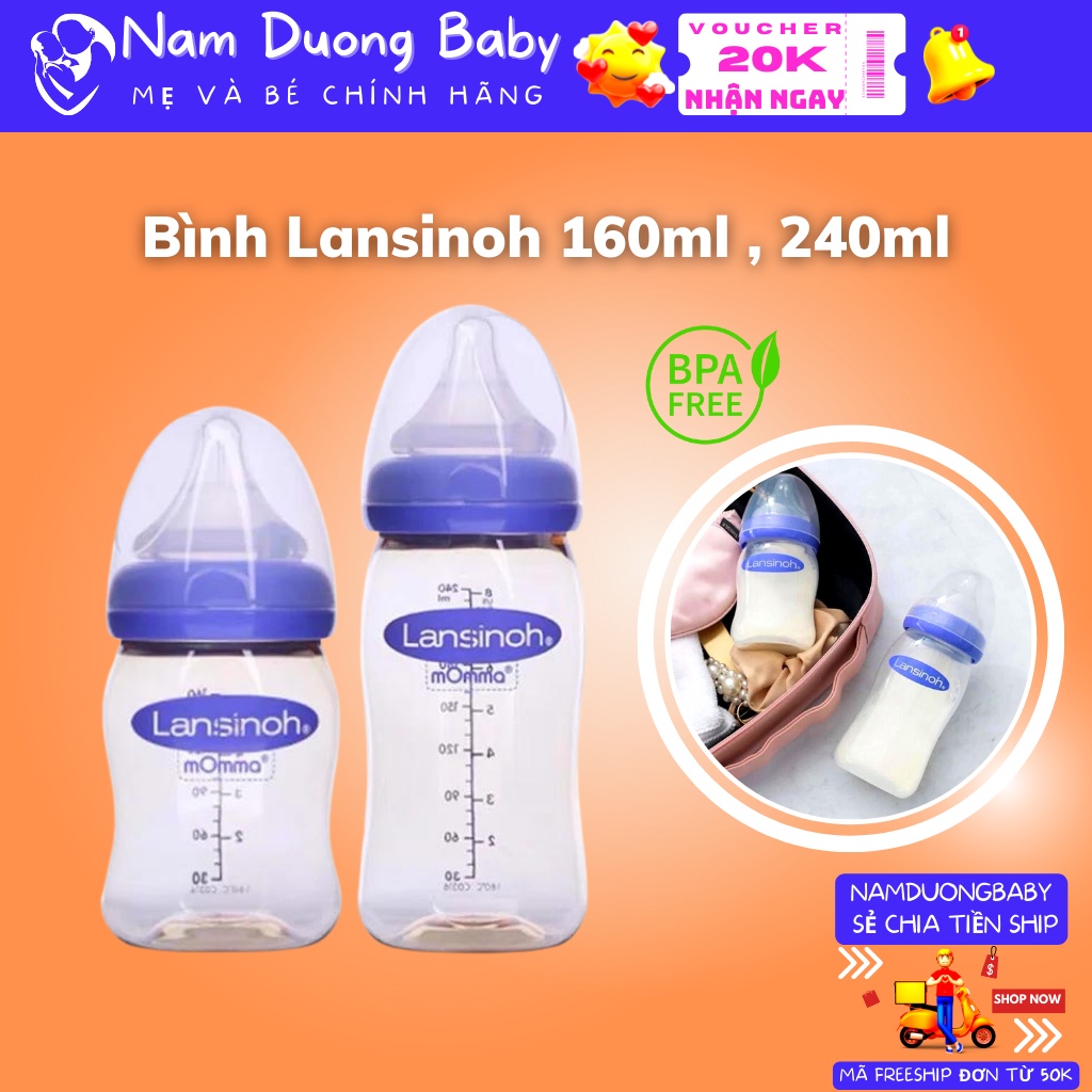 Bình sữa bình ti bú cho bé Lansinoh Momma 160ml 240ml cam kết chính hãng kèm núm ti size S M L