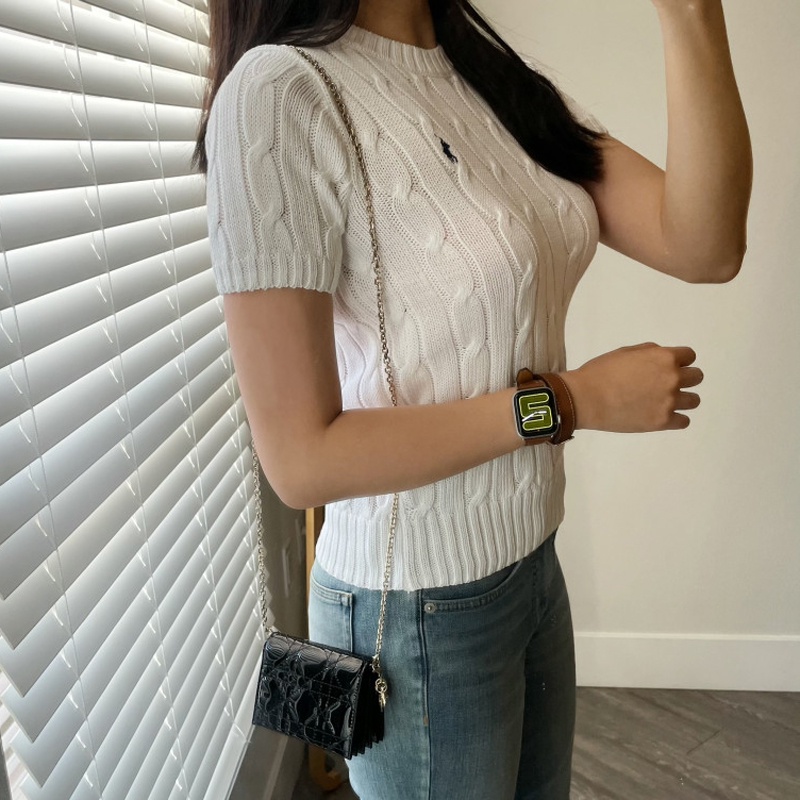 Áo Thun Dệt Kim Ngắn Tay Cổ Tròn Màu Trơn Thời Trang Retro Cho Nữ