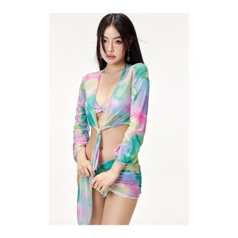 Bikini set 4 món tay dài hoạ tiết loang quyến rũ