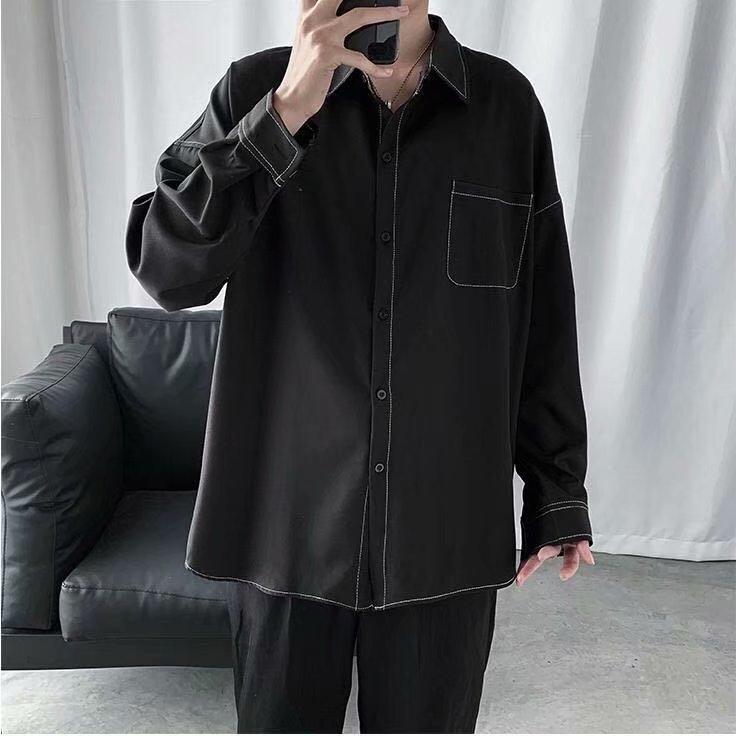 Áo sơ mi trắng dài tay dáng rộng phối kẻ sọc trẻ trung cho nam cỡ m-3xl