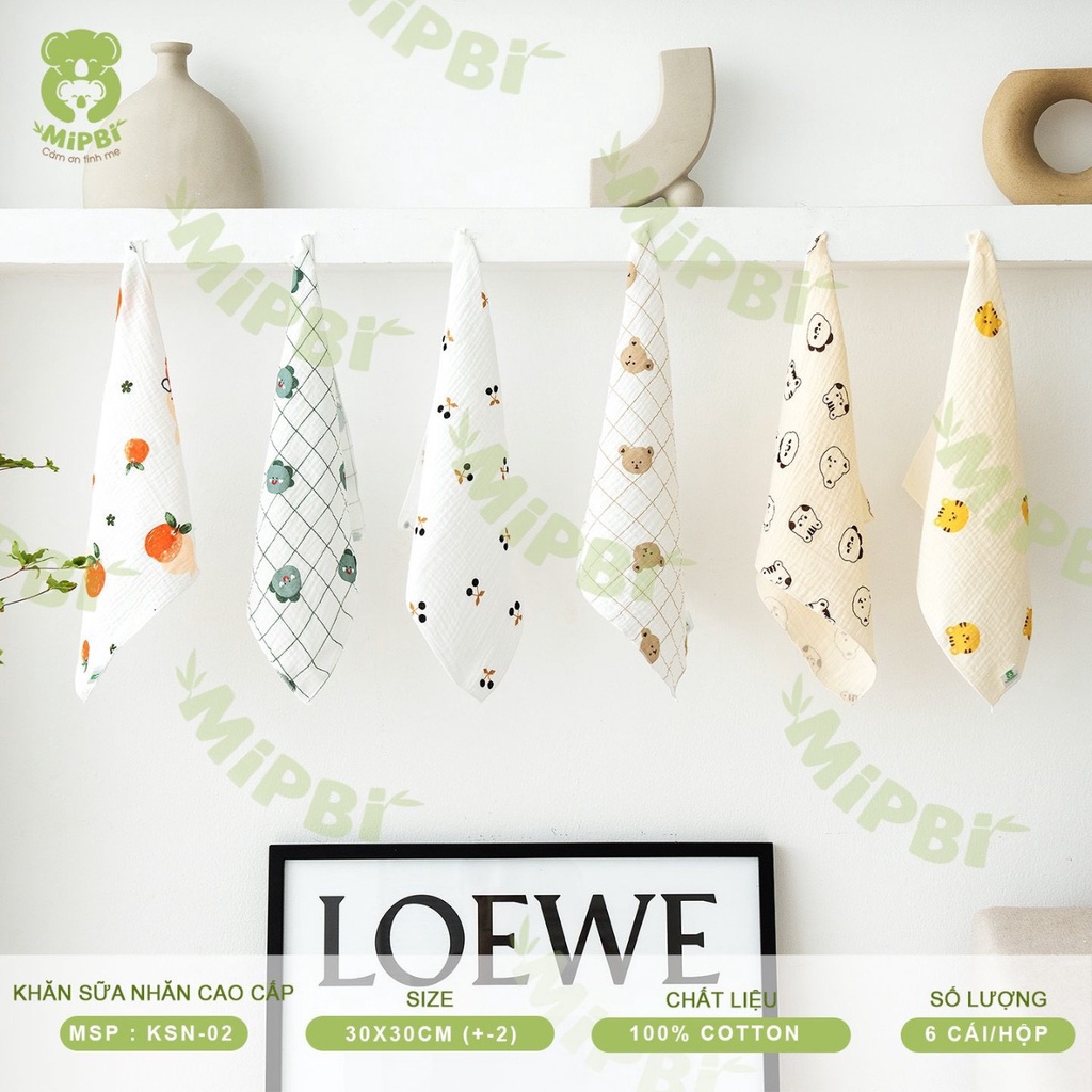 Set 6 khăn sữa xô nhăn cho bé Mipbi 30x30cm họa tiết cao cấp - Monnie Kids