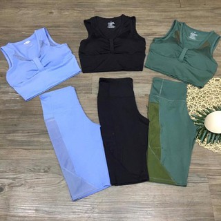 Bộ tập gym yoga nữ - Bộ tập quần ngố túi lưới áo croptop nơ lưới có sẵn mút ་ ་