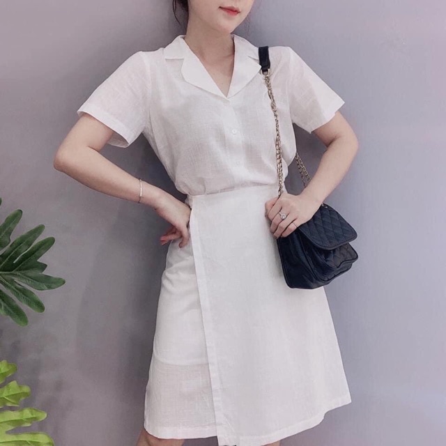 Đầm váy cổ sơ mi đắp tà 3 màu