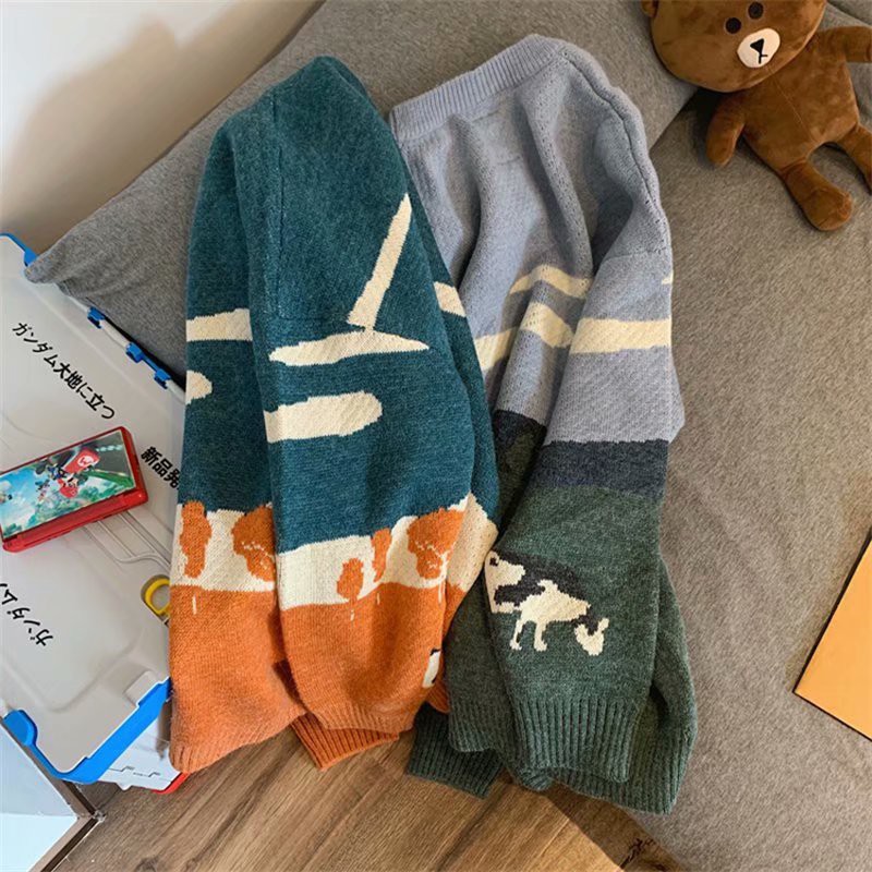 Áo sweater cổ tròn dáng rộng màu sắc tương phản phong cách Harajuku size M-2XL