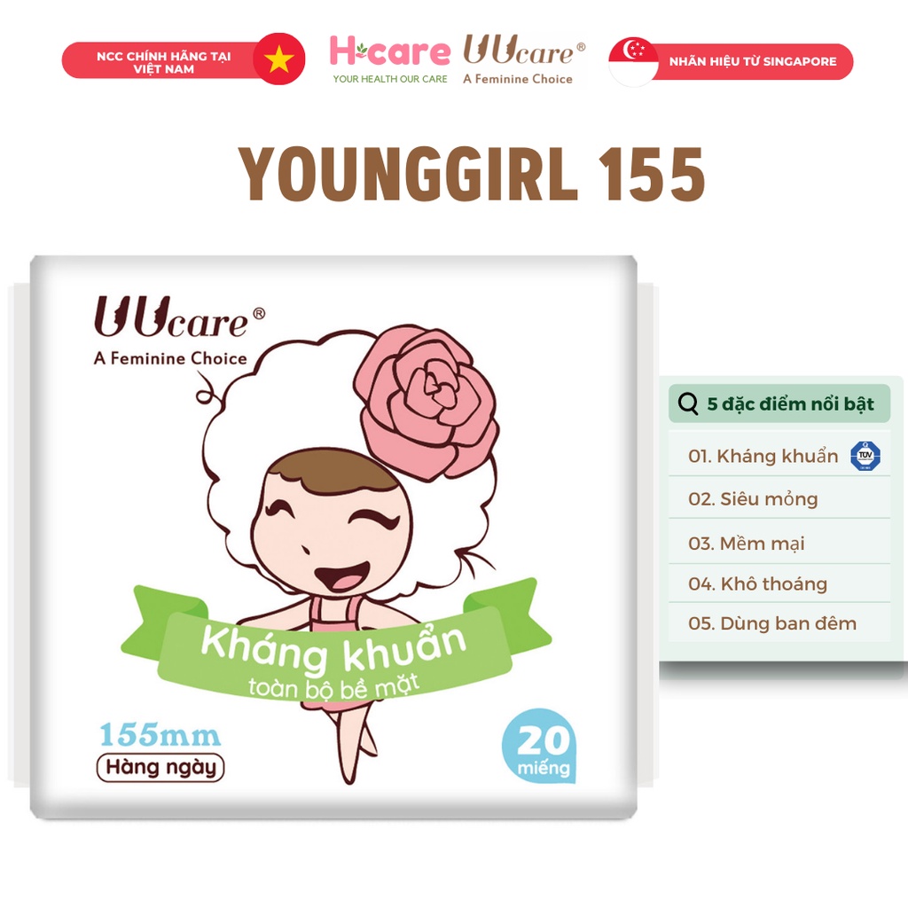 Băng vệ sinh Kháng Khuẩn UUcare YoungGirl 15.5cm hàng ngày 20 miếng/gói