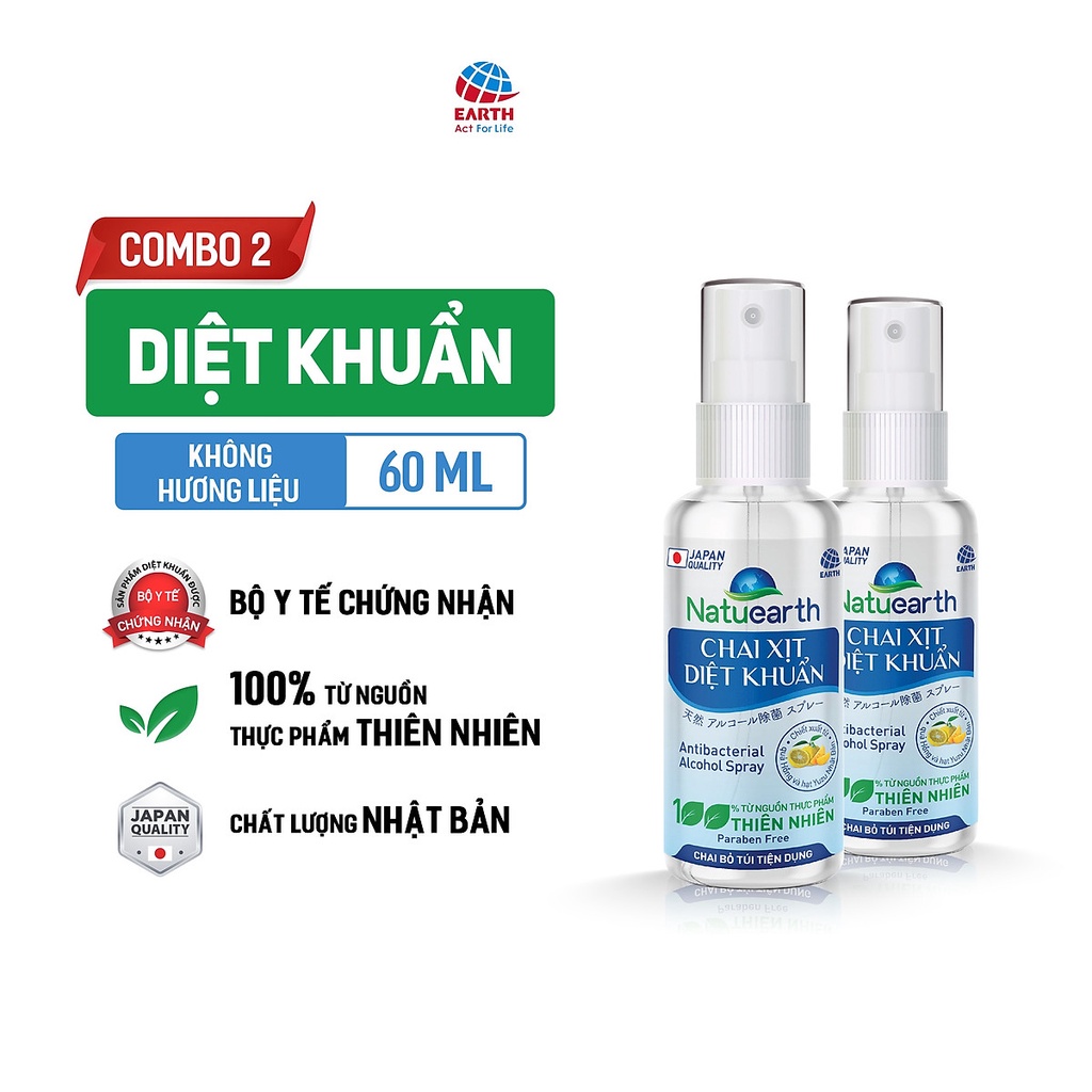 Combo 2 Chai Cồn xịt khuẩn Natuearth 60ml (bỏ túi) - với 100% nguyên liệu thiên nhiên đạt tiêu chuẩn Nhật Bản