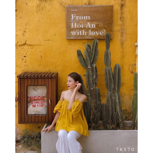 Áo bẹt vai tay phồng 6 màu mặc cặp, mặc nhóm đi biển