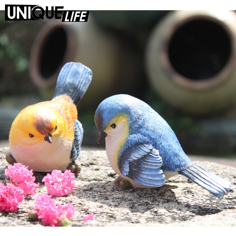 Set 2 Mô Hình Chim Bằng Nhựa Resin Màu Xanh Dương & Cam Vẽ Tay Yoyoyo01