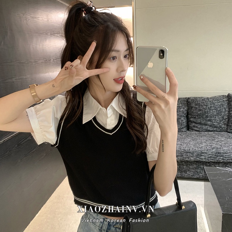 Áo sơ mi croptop XIAOZHAINV tay ngắn cổ bẻ màu sắc tương phản phong cách Hàn Quốc cho nữ