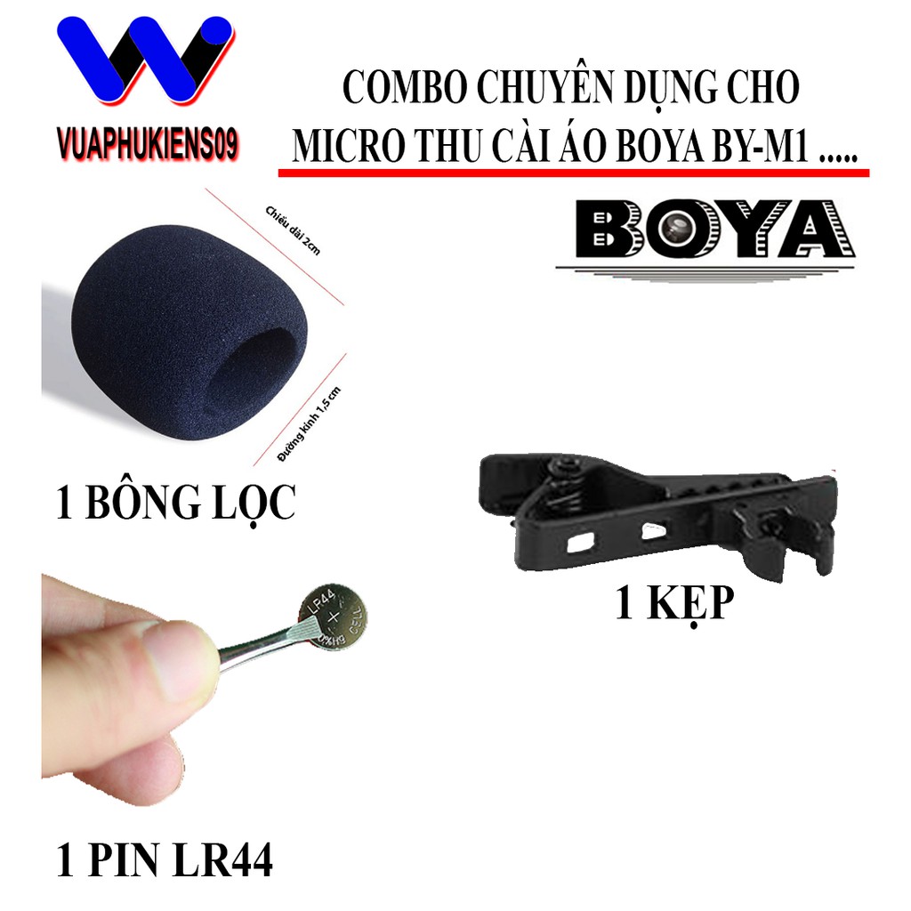 Combo 1 Bông Lọc gió, 1 Kẹp, 1 Viên Pin Chuyên Dụng Dành Cho Micro Thu Âm Gài Áo BOYA BY-M1