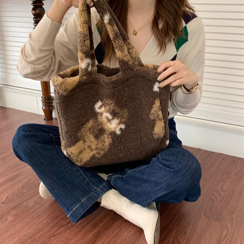 Túi Xách Tay Bằng Vải Bông Cỡ Lớn In Hình Gấu Hoạt Hình Dễ Thương