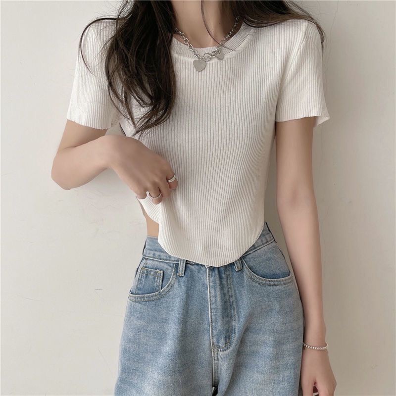 Áo lửng bằng vải dệt kim tay ngắn dáng ôm thời trang mùa hè cho nữ