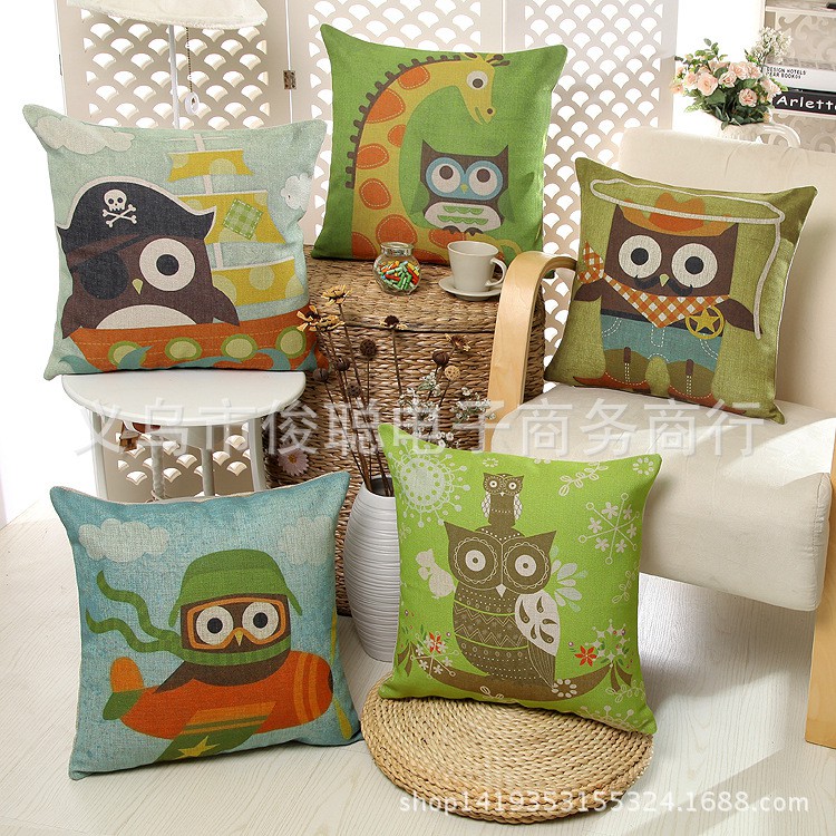 Vỏ gối tựa sofa 45 x 45cm cao cấp dày 2 lớp họa tiết cú mèo trang trí homestay