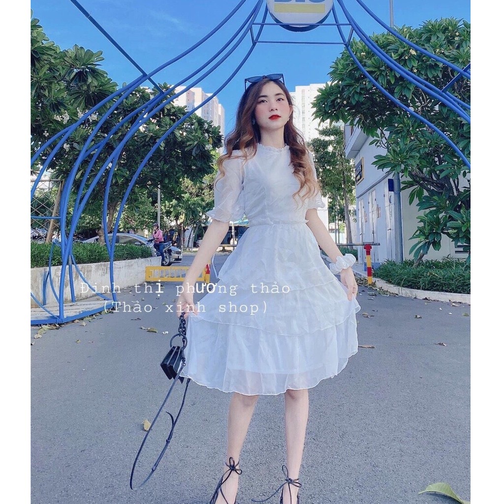 Đầm Váy Nữ Cổ Trụ Xếp Ly 3 Tầng Màu Trắng Tinh Khôi Thời Trang Đi Chơi
