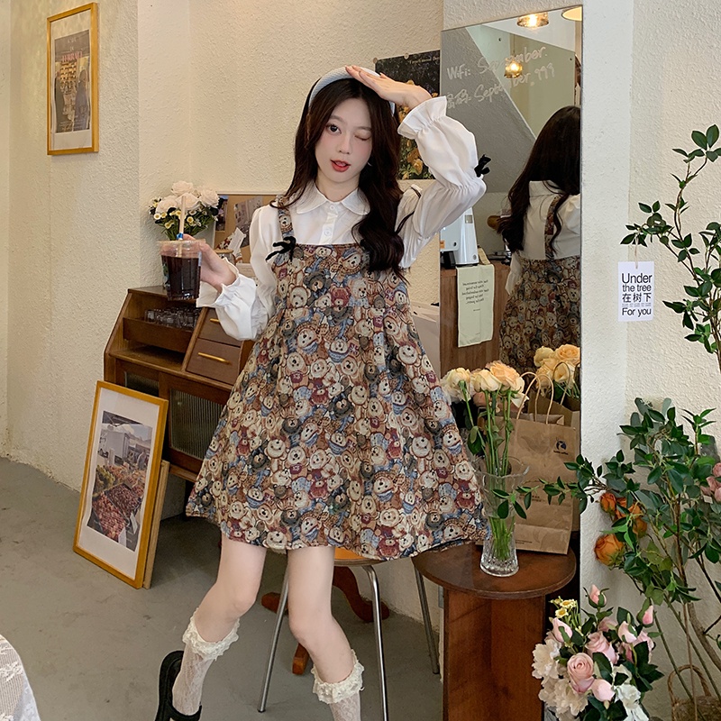 Áo Sơ Mi Dài Tay Giả Hai Lớp + Đầm Yếm In Hình Gấu Thời Trang Dành Cho Nữ